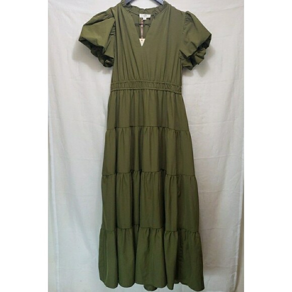 entro Dresses & Skirts - NWT Entro Olive Green Tiered Maxi Dress Sz L Puff Sleeve V-Neck Boho Cottagecore